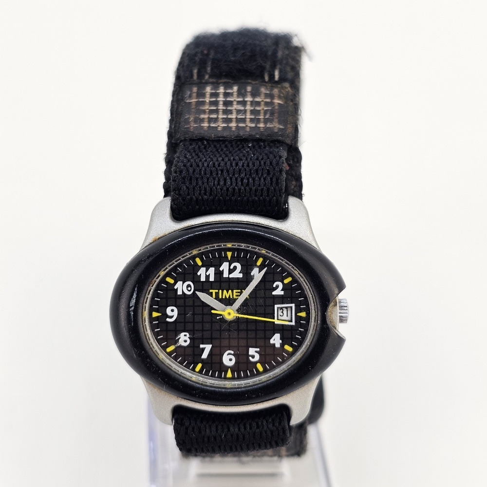 Timex Kids Children Watch 32MM Black Dial Date Black Nylon Band New Battery